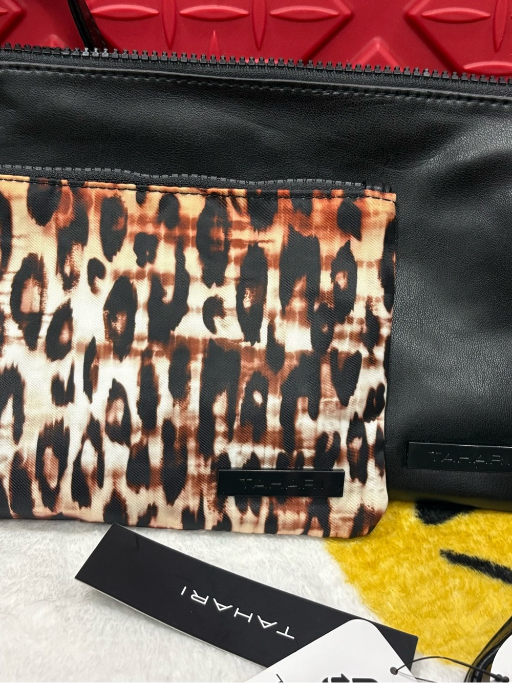 Tahari Black Leather Crossbody with Leopard-Print Pouch